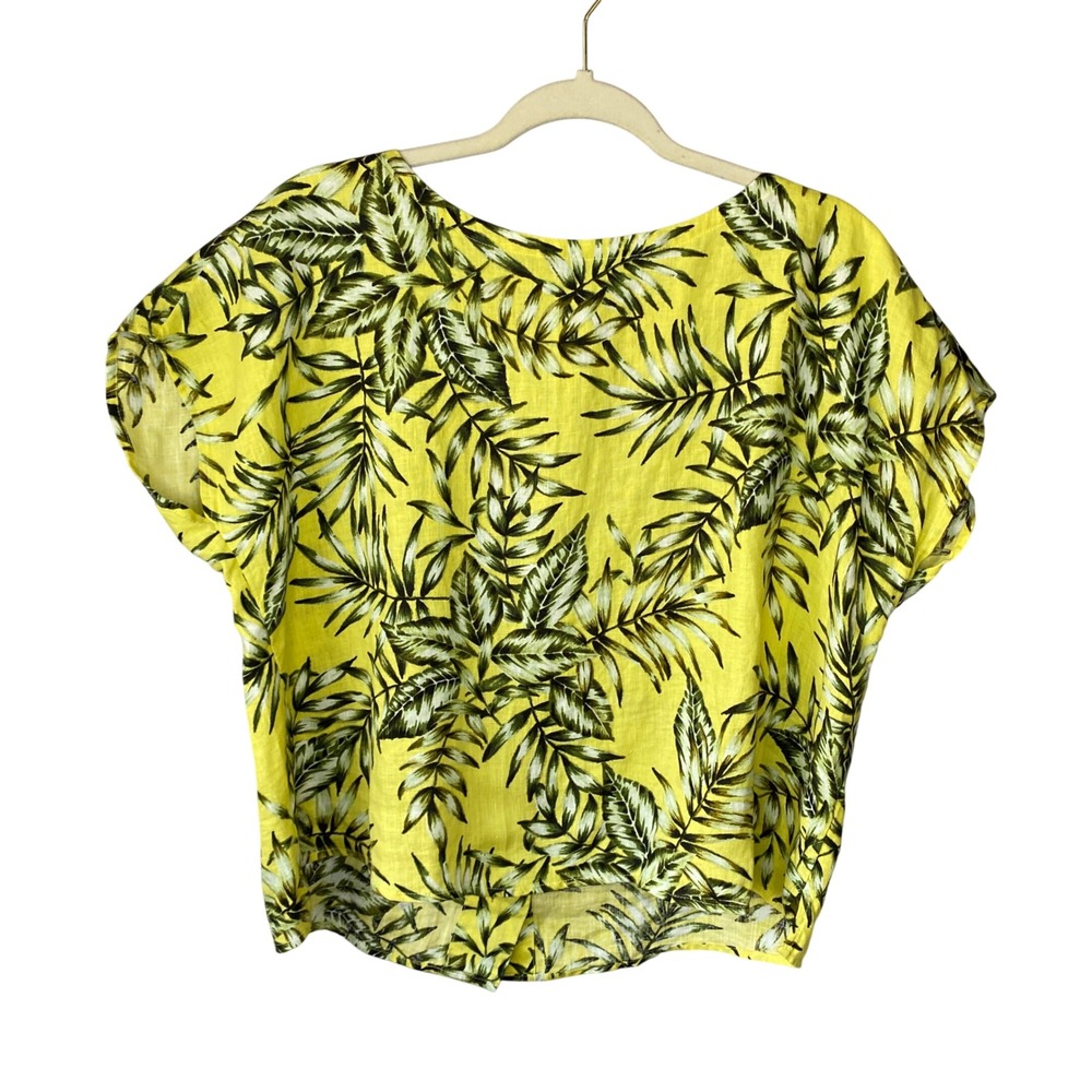 C&C California Womens Yellow Tropical Palm Leaf 100% Linen Button‎ Back Top M